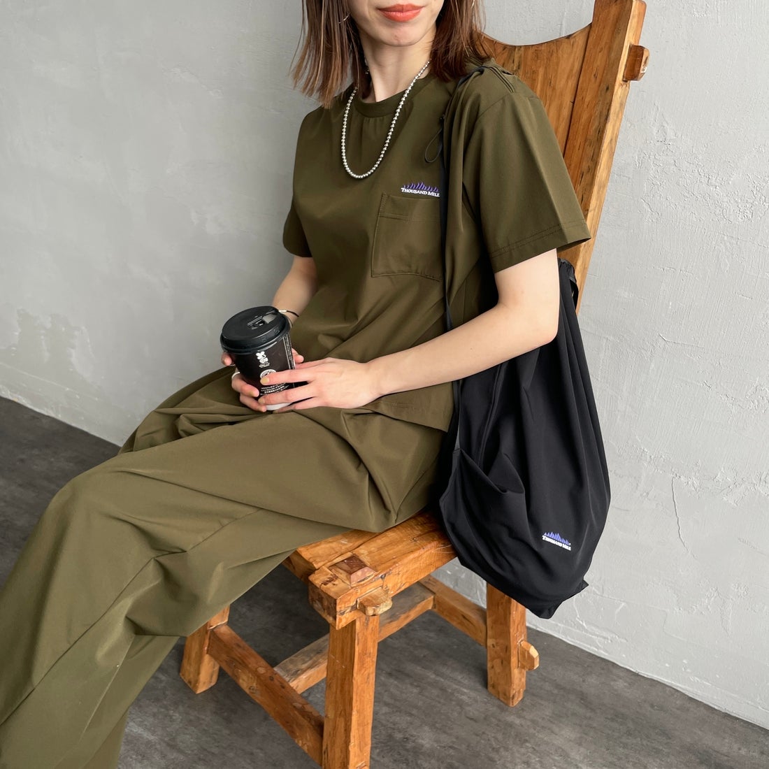 THOUSAND MILE [サウザンド マイル] 別注 サマーバケーション ラップパンツセットアップ [TM251NP50952-JF] OLIVE &&モデル身長：158cm 着用サイズ：F&&