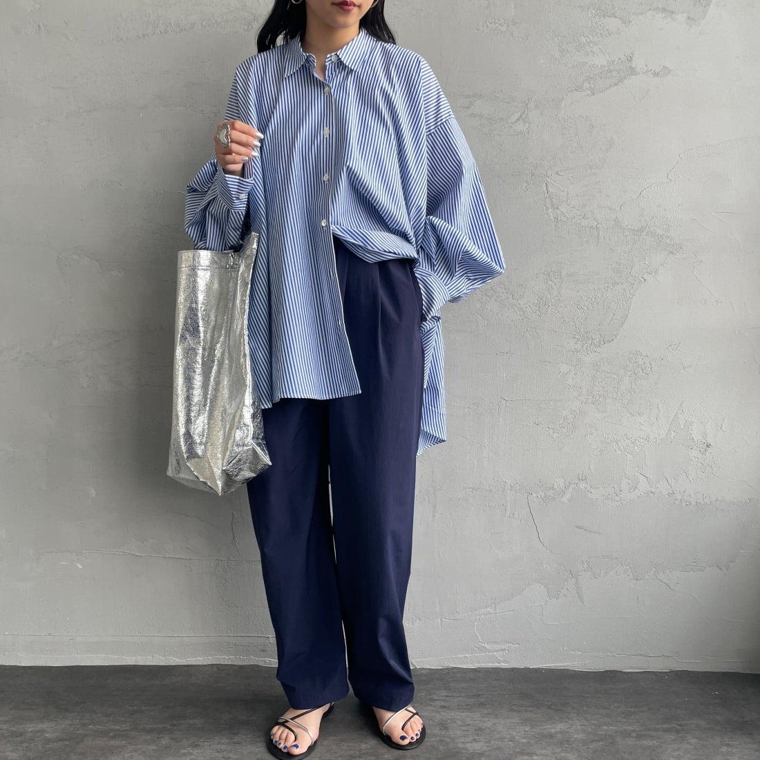 Jeans Factory Clothes [ジーンズファクトリークローズ] 7DAYSナイロンイージーパンツ [IN11-PT-5] ﾈｲﾋﾞｰ &&モデル身長：156cm 着用サイズ：F&&
