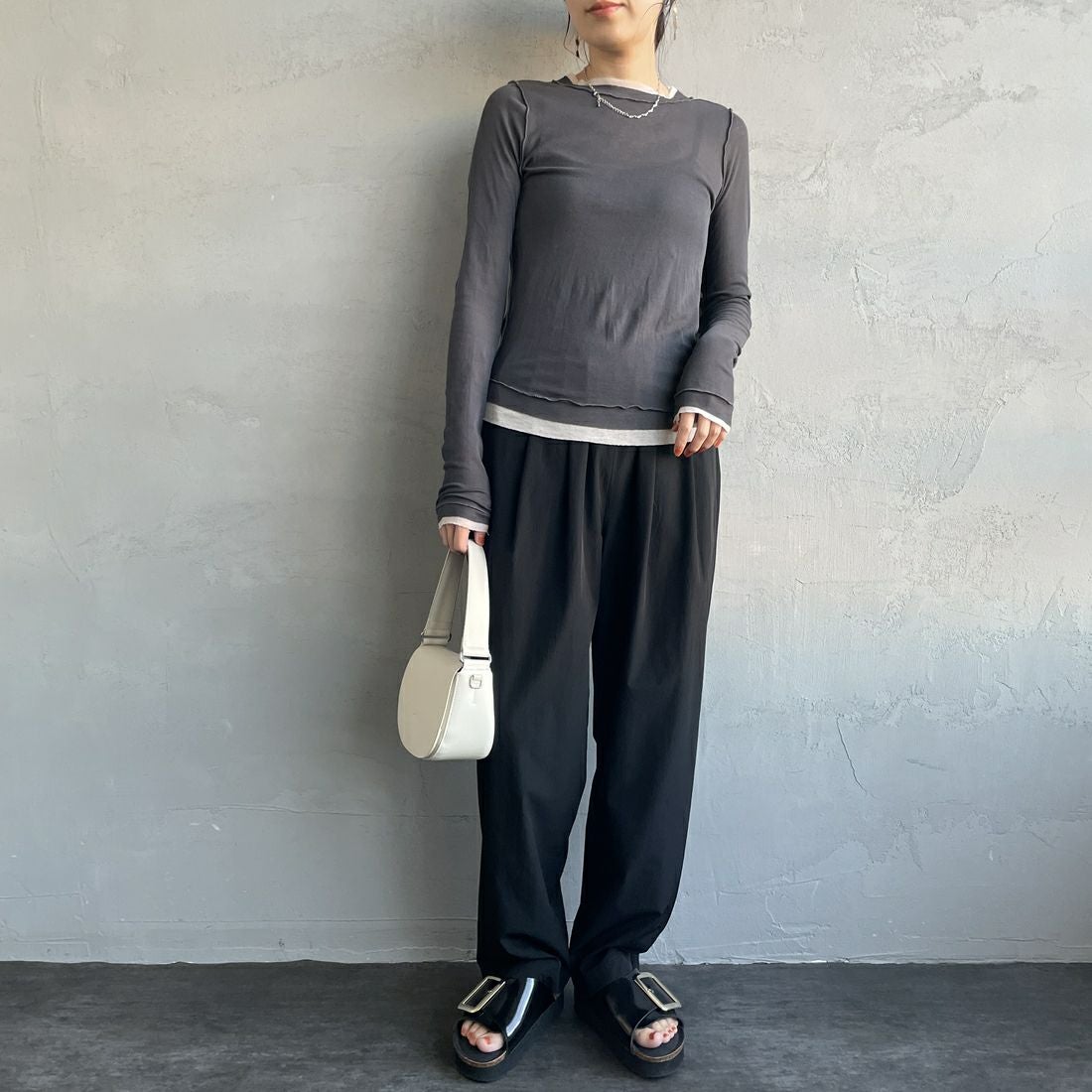 Jeans Factory Clothes [ジーンズファクトリークローズ] 7DAYSナイロンイージーパンツ [IN11-PT-5] ﾌﾞﾗｯｸ &&モデル身長：160cm 着用サイズ：F&&