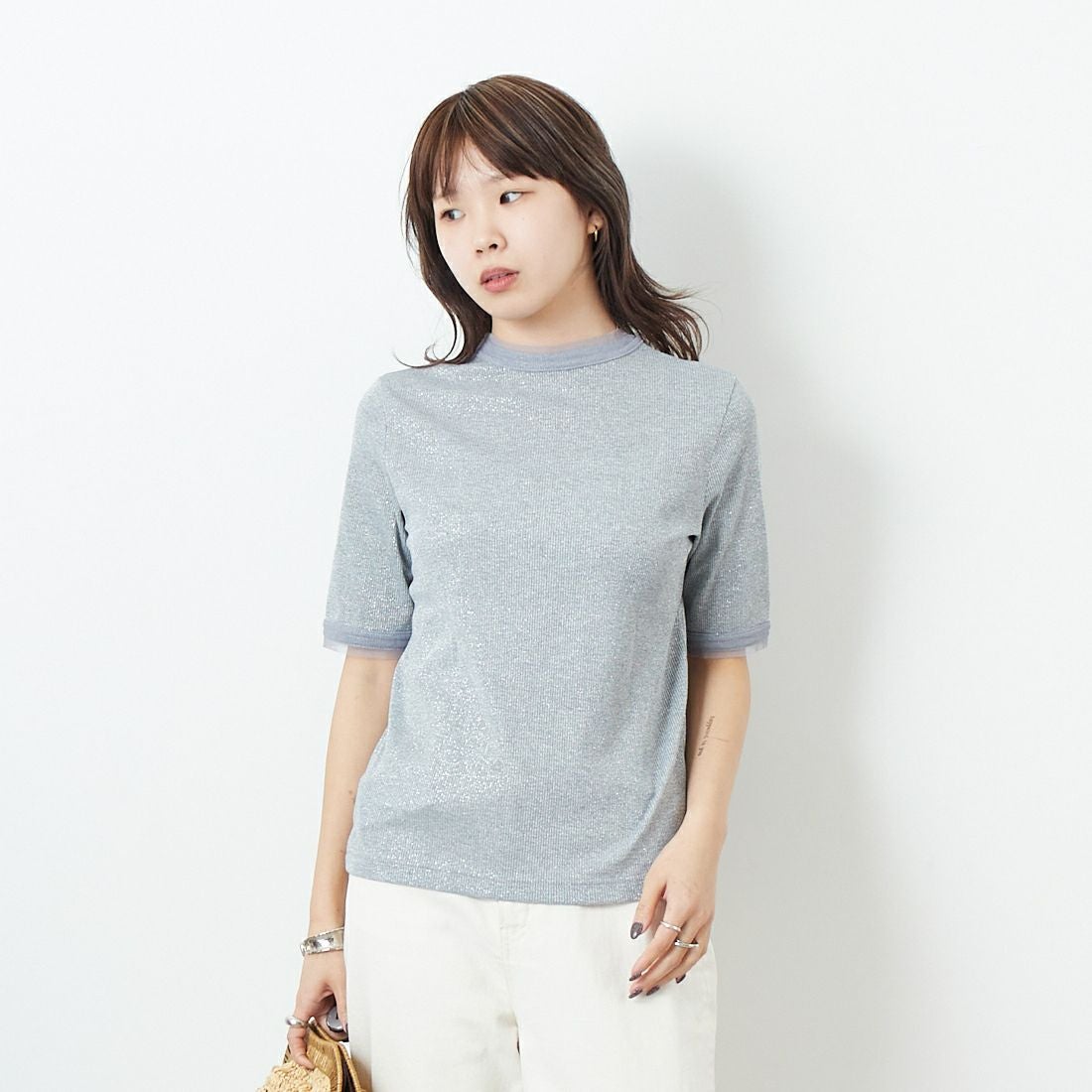 Jf Ready Made [ジェイエフレディメイド] ラメリブショートスリーブTシャツ [8920773-01] 12 ｸﾞﾚｰ &&モデル身長：167cm 着用サイズ：F&&