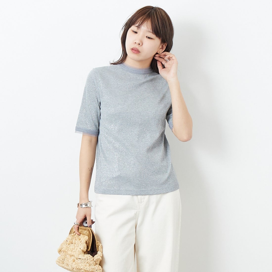 Jf Ready Made [ジェイエフレディメイド] ラメリブショートスリーブTシャツ [8920773-01] 12 ｸﾞﾚｰ &&モデル身長：167cm 着用サイズ：F&&