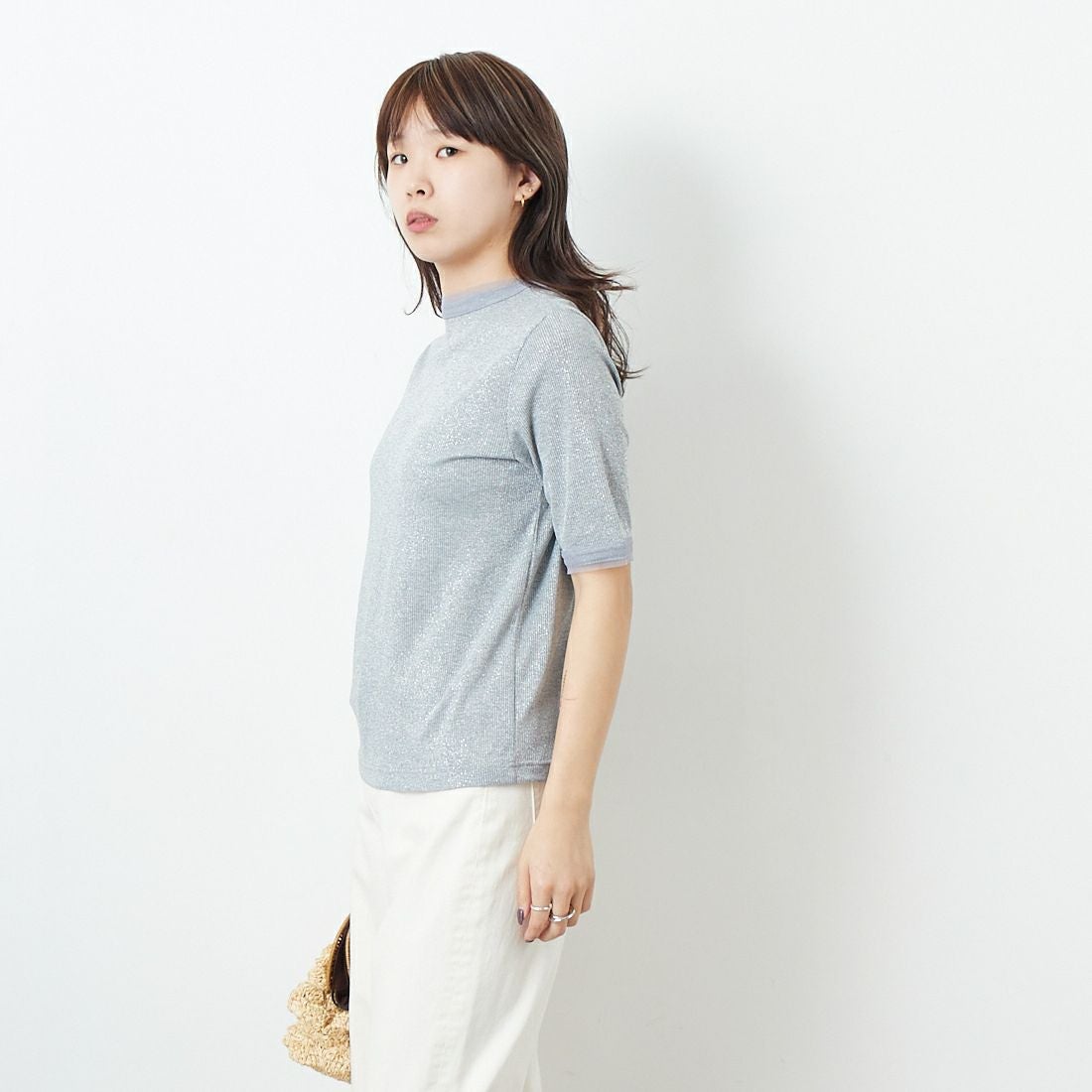 Jf Ready Made [ジェイエフレディメイド] ラメリブショートスリーブTシャツ [8920773-01] 12 ｸﾞﾚｰ &&モデル身長：167cm 着用サイズ：F&&