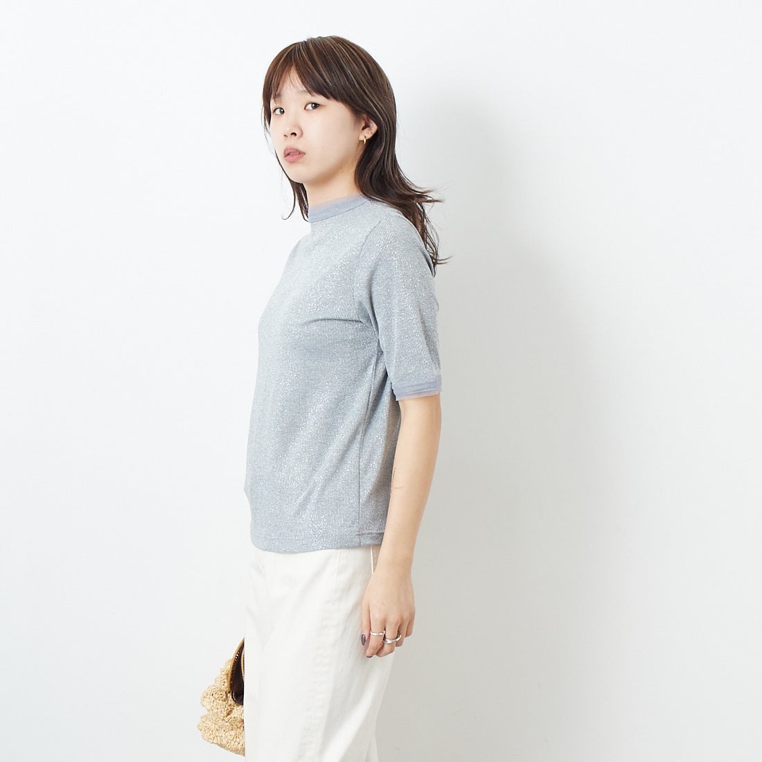 Jf Ready Made [ジェイエフレディメイド] ラメリブショートスリーブTシャツ [8920773-01] 12 ｸﾞﾚｰ &&モデル身長：167cm 着用サイズ：F&&