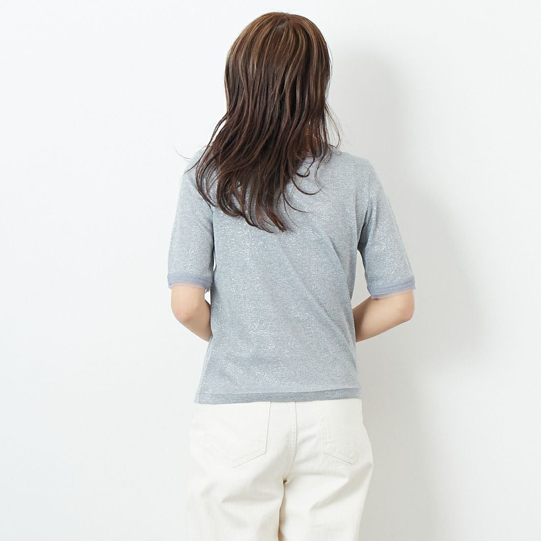 Jf Ready Made [ジェイエフレディメイド] ラメリブショートスリーブTシャツ [8920773-01] 12 ｸﾞﾚｰ &&モデル身長：167cm 着用サイズ：F&&