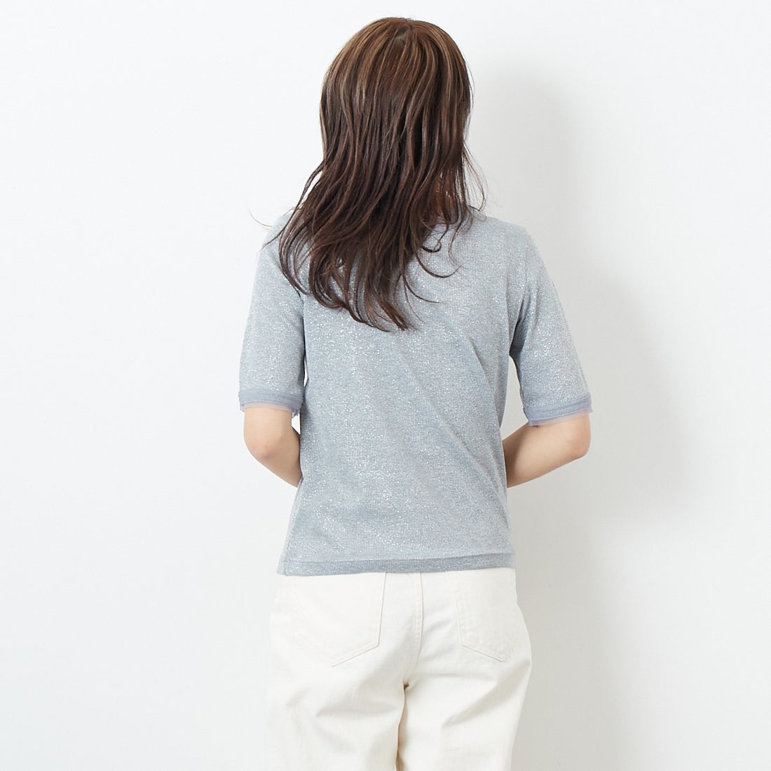 Jf Ready Made [ジェイエフレディメイド] ラメリブショートスリーブTシャツ [8920773-01] 12 ｸﾞﾚｰ &&モデル身長：167cm 着用サイズ：F&&