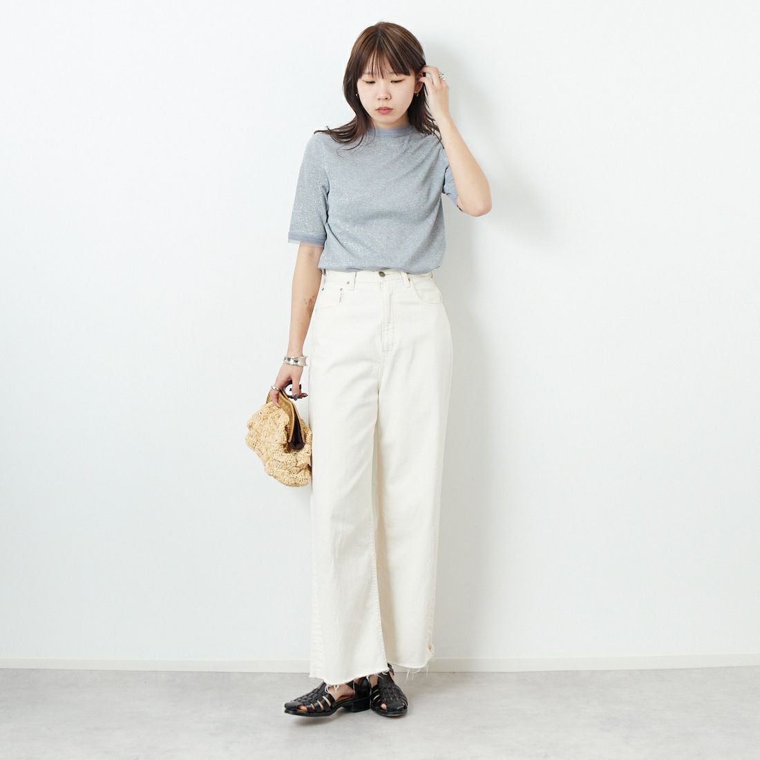 Jf Ready Made [ジェイエフレディメイド] ラメリブショートスリーブTシャツ [8920773-01] 12 ｸﾞﾚｰ &&モデル身長：167cm 着用サイズ：F&&