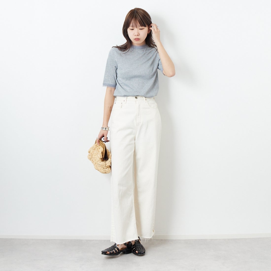 Jf Ready Made [ジェイエフレディメイド] ラメリブショートスリーブTシャツ [8920773-01] 12 ｸﾞﾚｰ &&モデル身長：167cm 着用サイズ：F&&