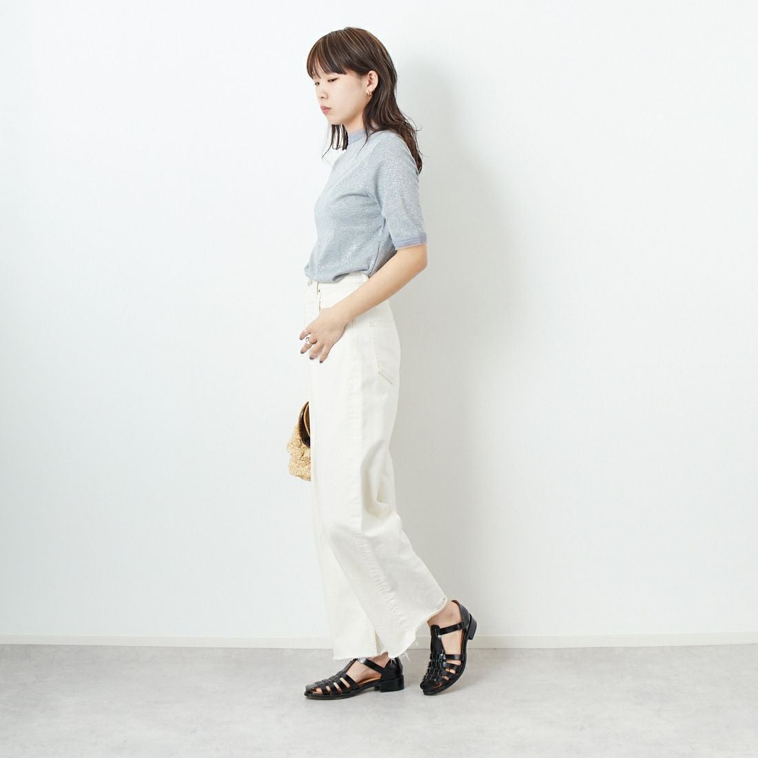 Jf Ready Made [ジェイエフレディメイド] ラメリブショートスリーブTシャツ [8920773-01] 12 ｸﾞﾚｰ &&モデル身長：167cm 着用サイズ：F&&