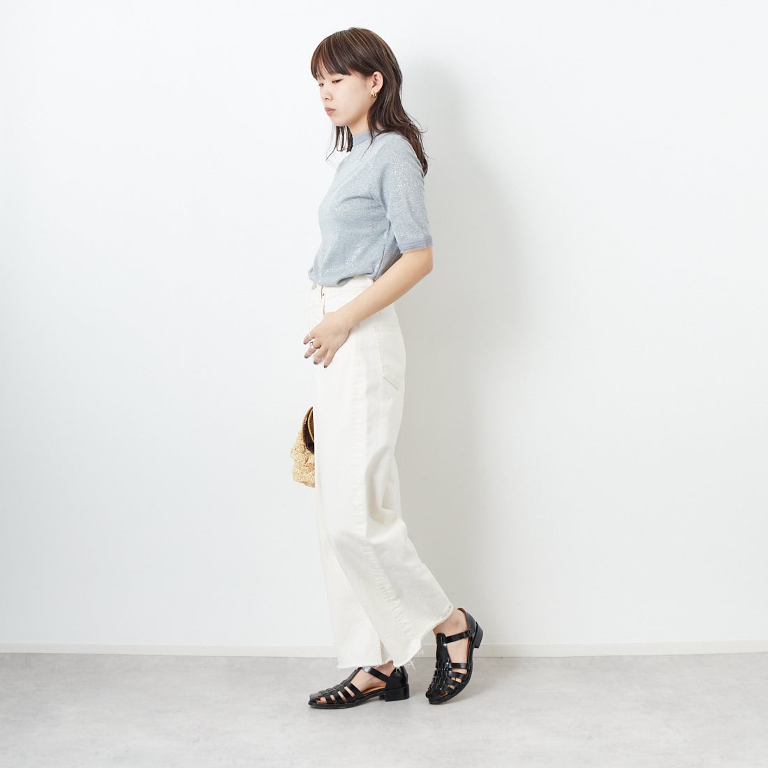 Jf Ready Made [ジェイエフレディメイド] ラメリブショートスリーブTシャツ [8920773-01] 12 ｸﾞﾚｰ &&モデル身長：167cm 着用サイズ：F&&