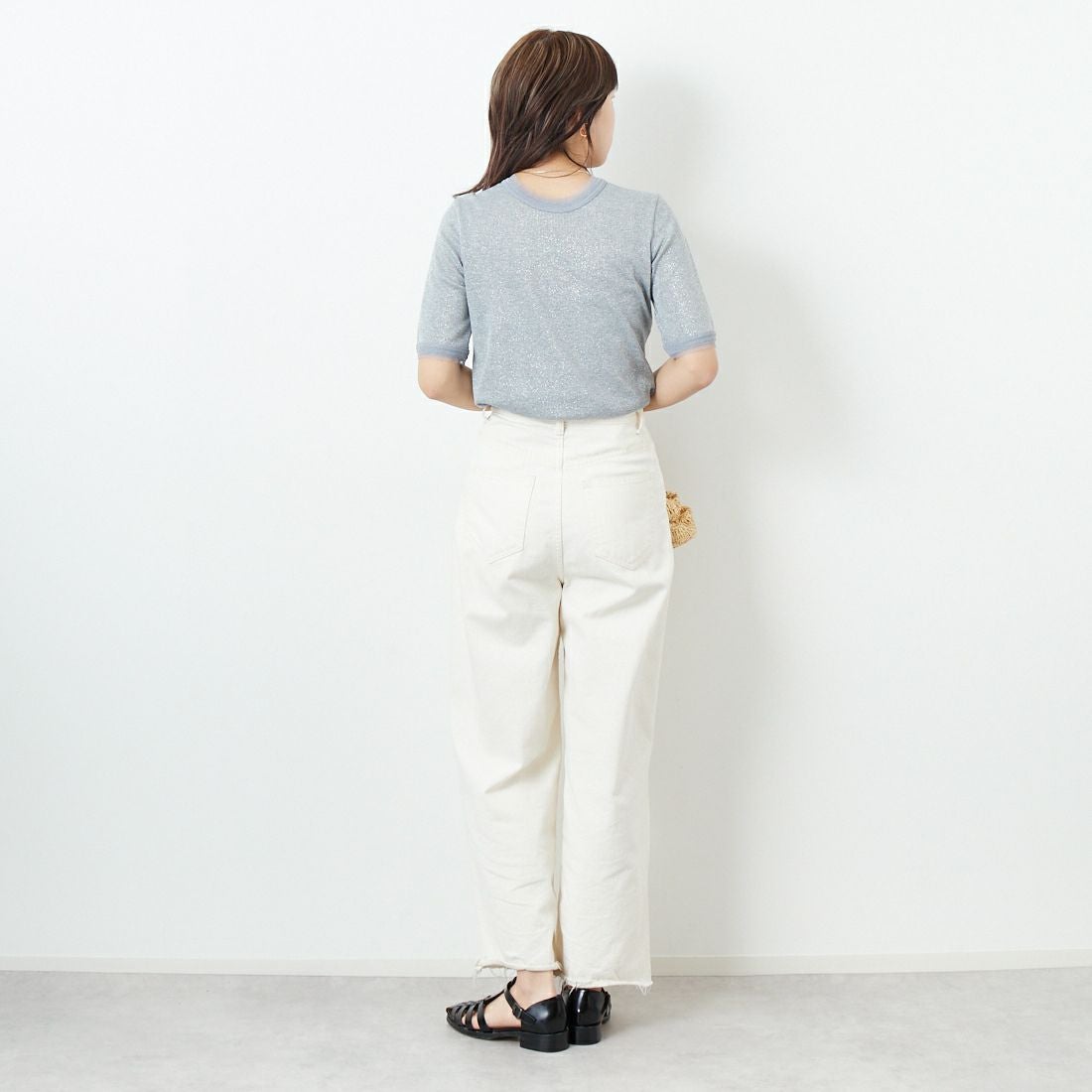 Jf Ready Made [ジェイエフレディメイド] ラメリブショートスリーブTシャツ [8920773-01] 12 ｸﾞﾚｰ &&モデル身長：167cm 着用サイズ：F&&