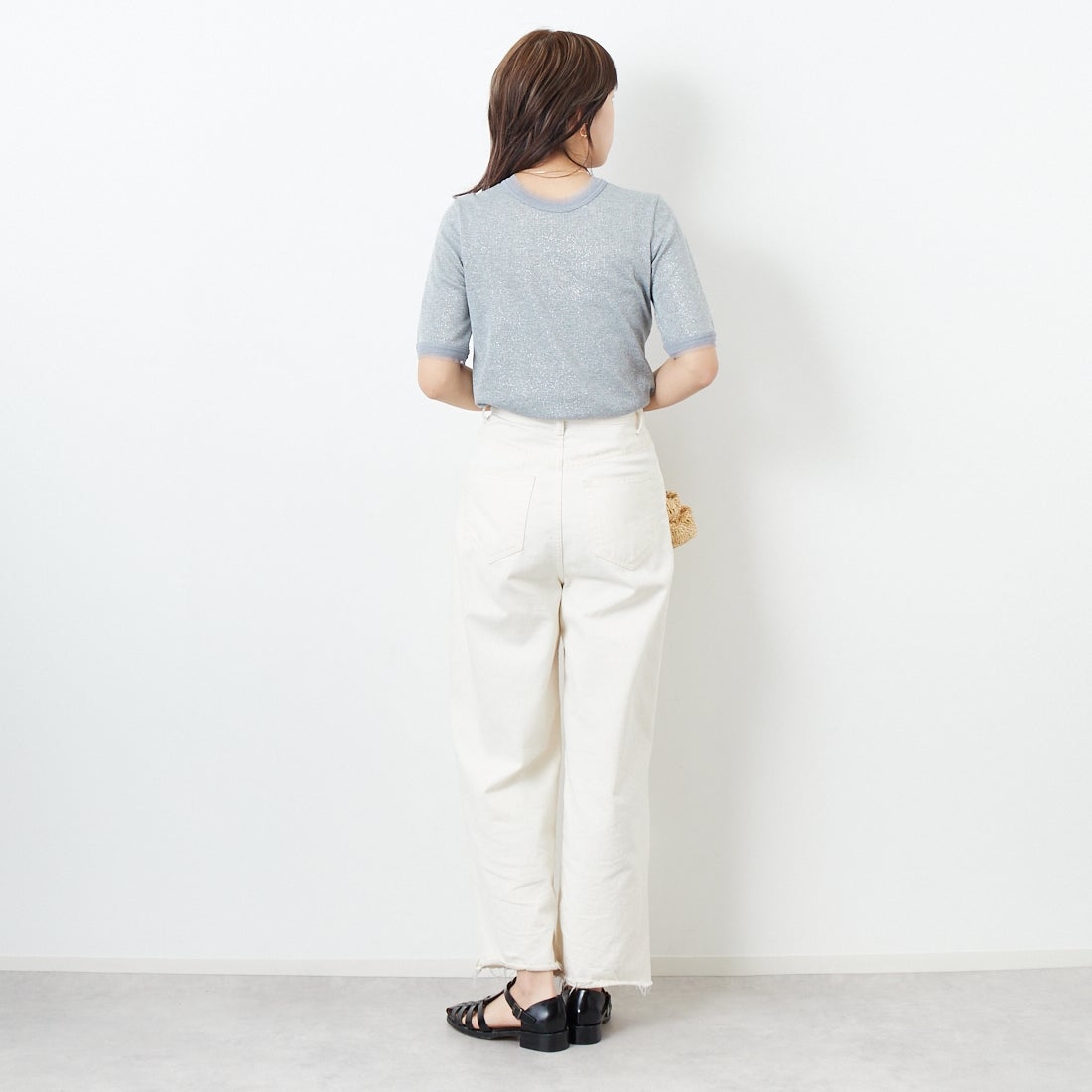 Jf Ready Made [ジェイエフレディメイド] ラメリブショートスリーブTシャツ [8920773-01] 12 ｸﾞﾚｰ &&モデル身長：167cm 着用サイズ：F&&