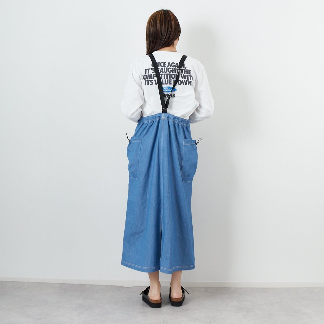 THOUSAND MILE [サウザンド マイル] フロントジップ サロペットワンピース [TM251TD00342] LT.BLUE &&モデル身長：167cm 着用サイズ：F&&