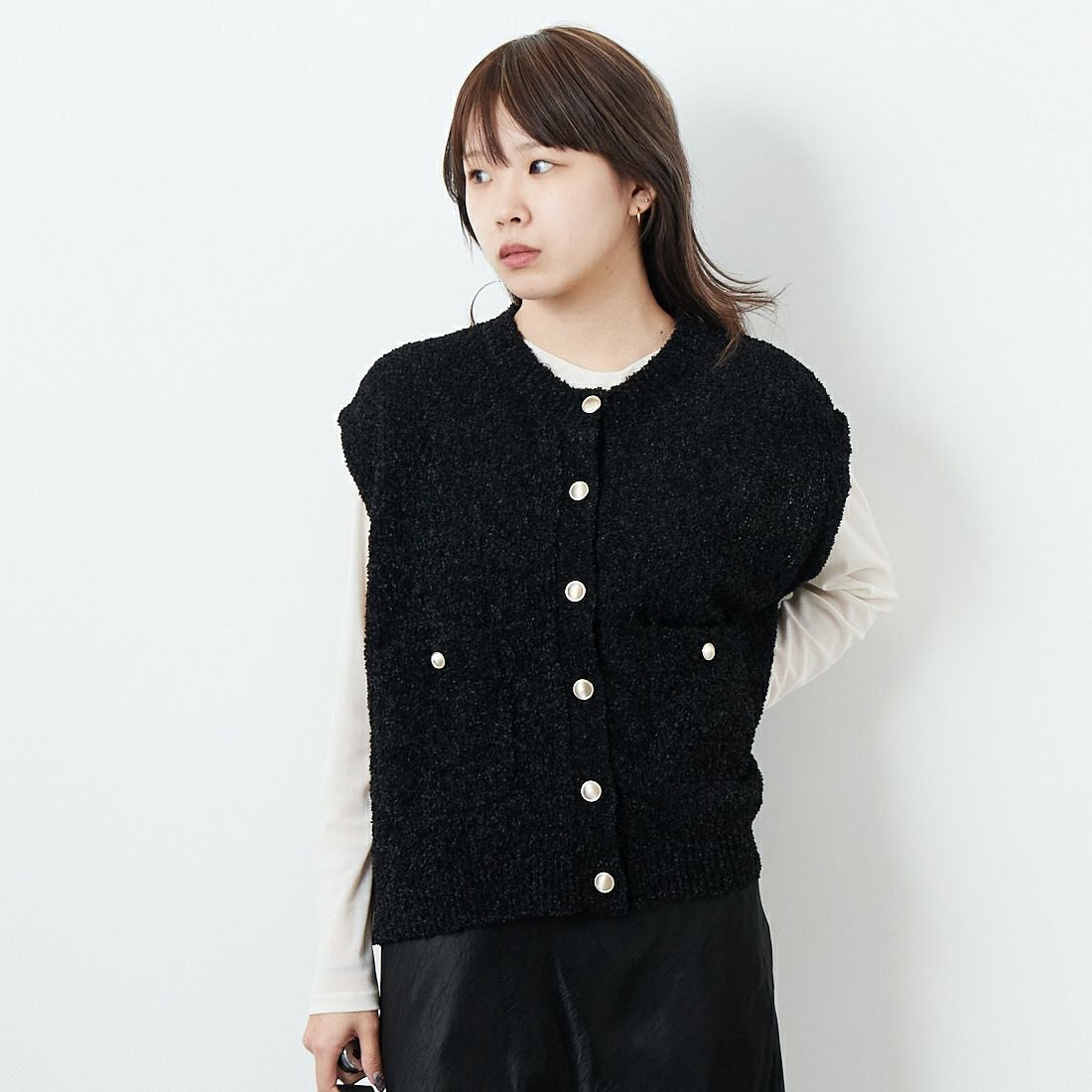 Jeans Factory Clothes [ジーンズファクトリークローズ] 7Gファンシーギマベスト [11254803]ﾌﾞﾗｯｸ &&モデル身長：167cm 着用サイズ：F&&