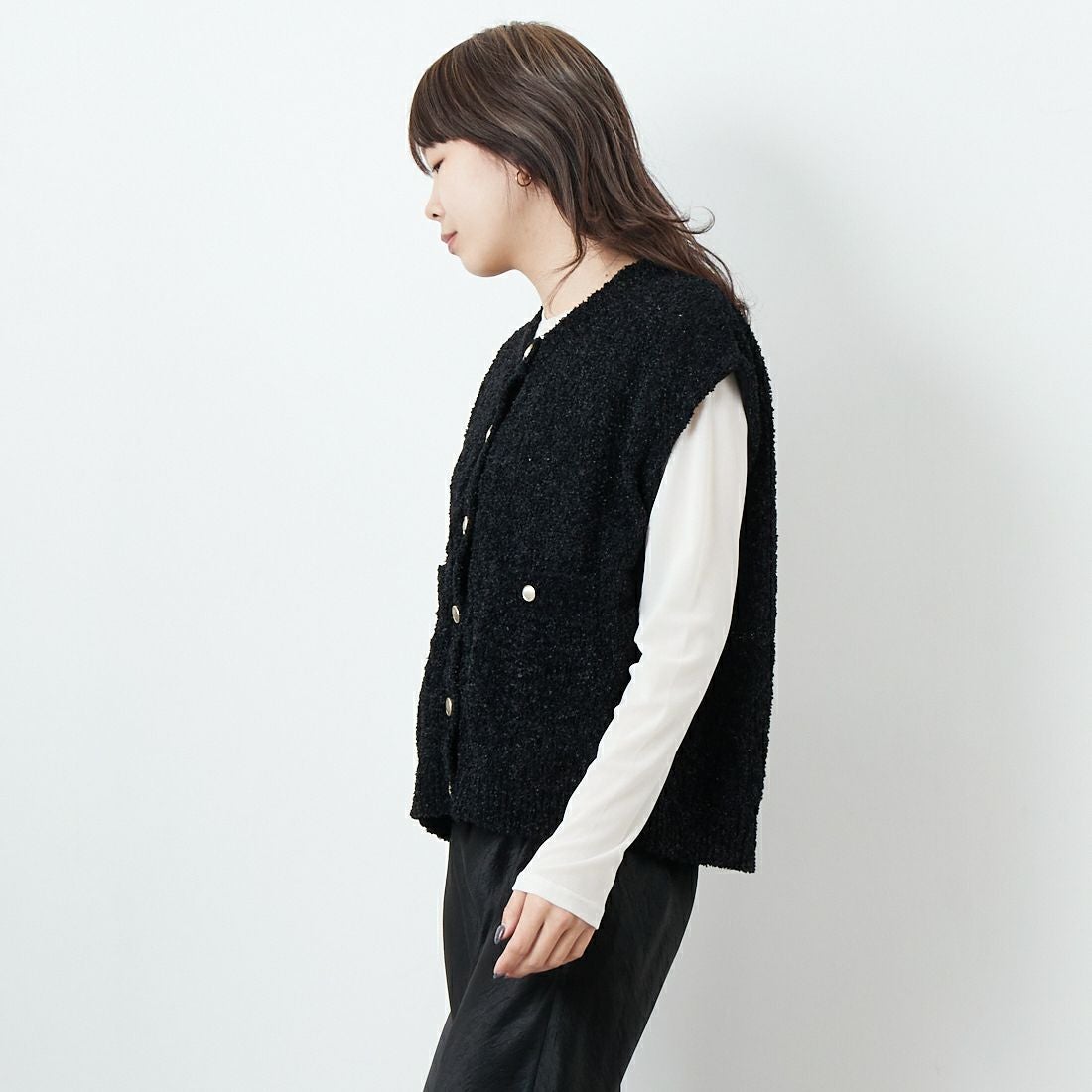 Jeans Factory Clothes [ジーンズファクトリークローズ] 7Gファンシーギマベスト [11254803]ﾌﾞﾗｯｸ &&モデル身長：167cm 着用サイズ：F&&