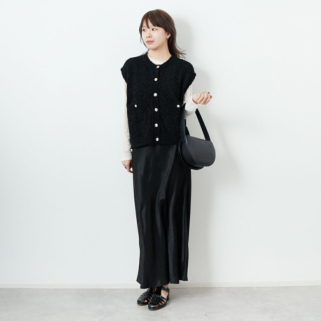 Jeans Factory Clothes [ジーンズファクトリークローズ] 7Gファンシーギマベスト [11254803]ﾌﾞﾗｯｸ &&モデル身長：167cm 着用サイズ：F&&