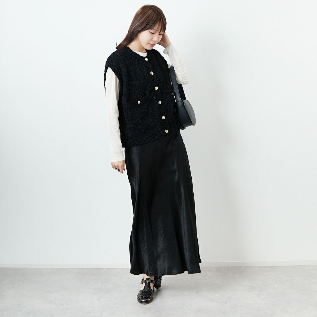 Jeans Factory Clothes [ジーンズファクトリークローズ] 7Gファンシーギマベスト [11254803]ﾌﾞﾗｯｸ &&モデル身長：167cm 着用サイズ：F&&