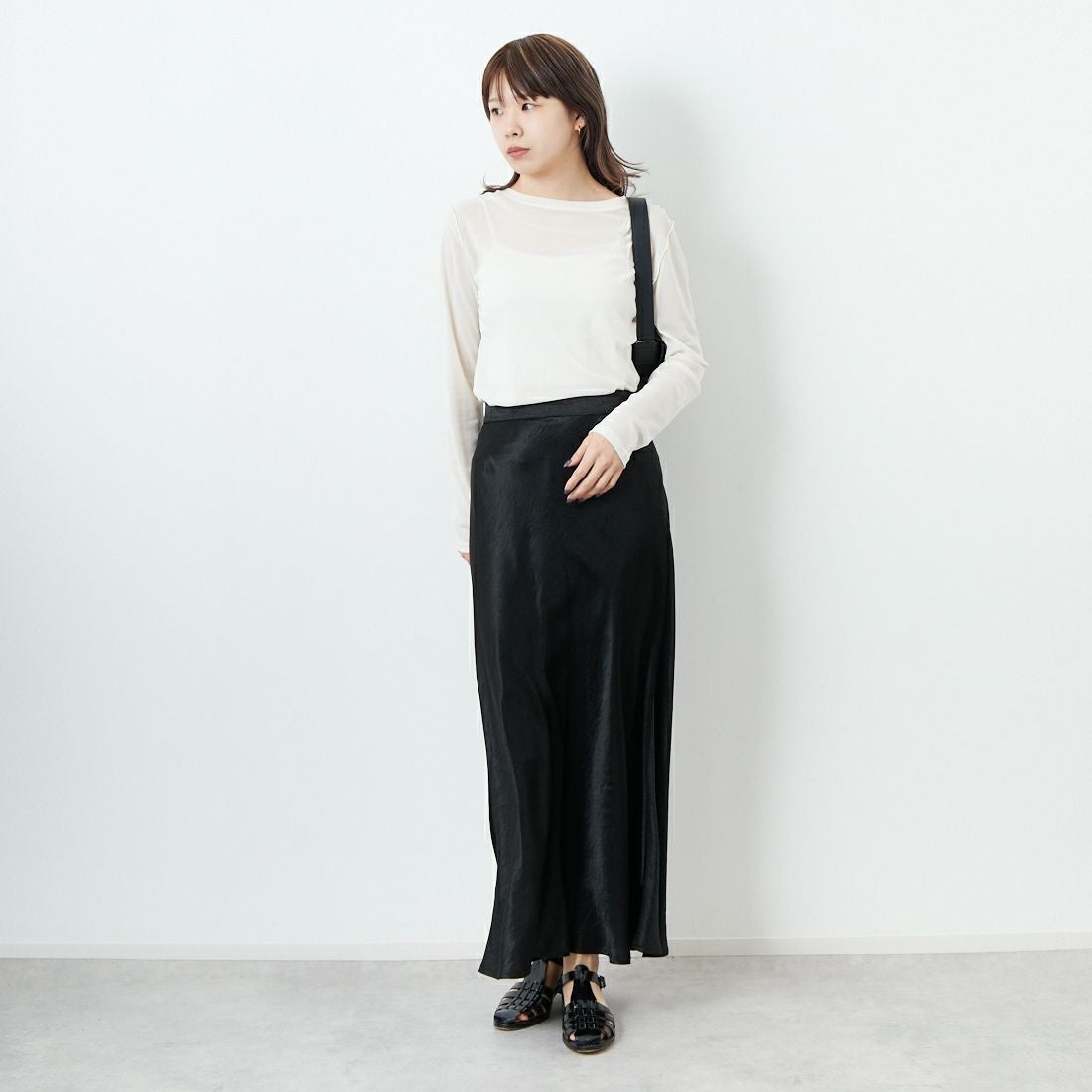 Jeans Factory Clothes [ジーンズファクトリークローズ] メロンヴィンテージサテンスカート [21254053]004 ﾌﾞﾗｯｸ &&モデル身長：167cm 着用サイズ：F&&