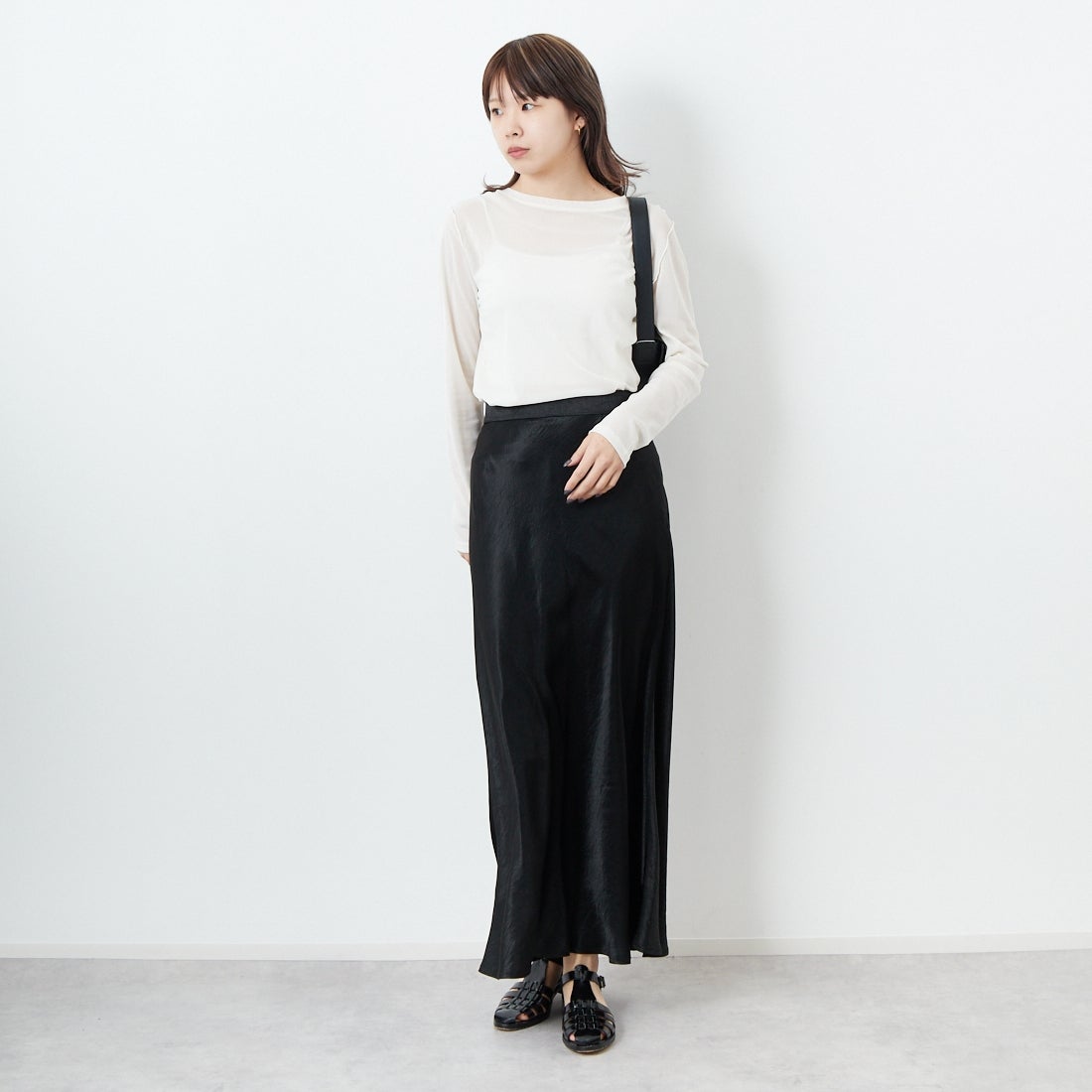 Jeans Factory Clothes [ジーンズファクトリークローズ] メロンヴィンテージサテンスカート [21254053]004 ﾌﾞﾗｯｸ &&モデル身長：167cm 着用サイズ：F&&