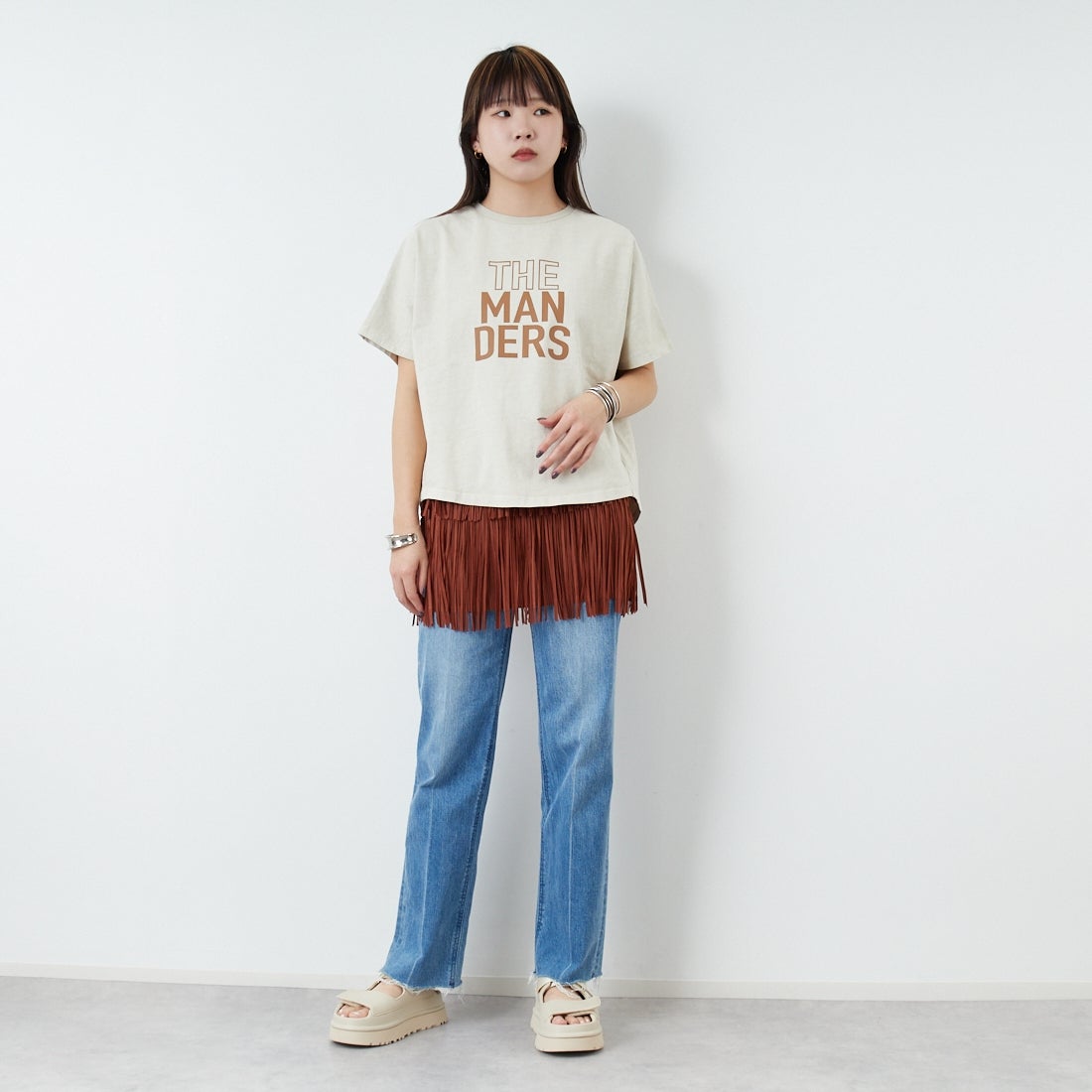 Jeans Factory Clothes [ジーンズファクトリークローズ] フリンジプリーツミニスカート [8920717-00] 69 ｷｬﾒﾙ &&モデル身長：167cm 着用サイズ：F&&
