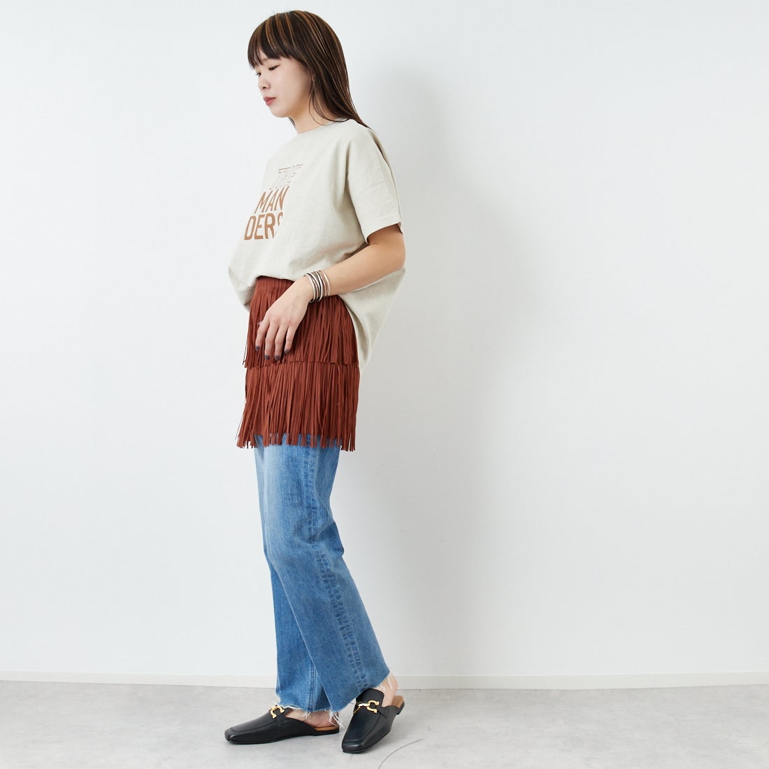 Jeans Factory Clothes [ジーンズファクトリークローズ] フリンジプリーツミニスカート [8920717-00] 69 ｷｬﾒﾙ &&モデル身長：167cm 着用サイズ：F&&