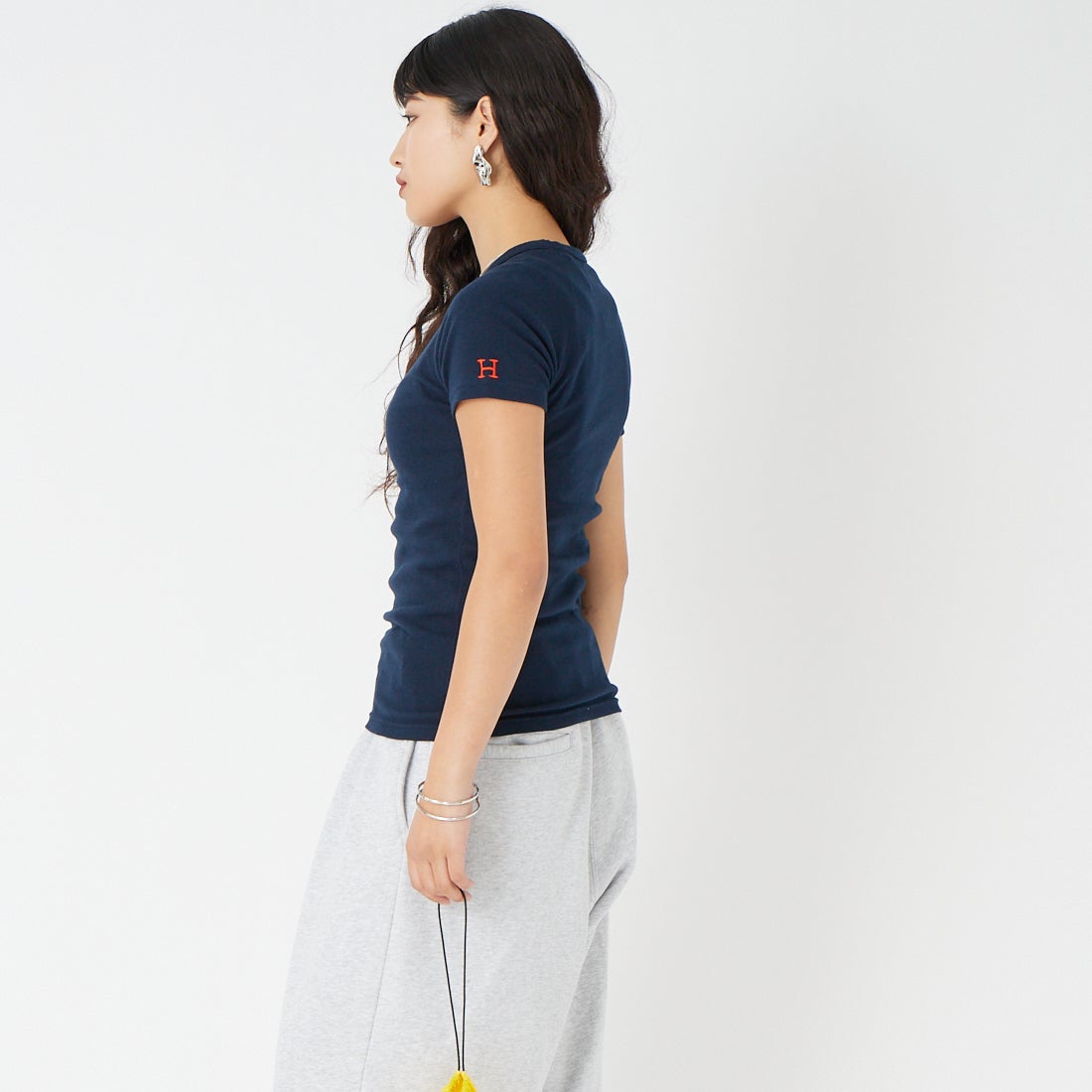 HOLLYWOOD RANCH MARKET [ハリウッドランチマーケット] ストレッチフライス ショートスリーブTシャツ [1004675] DARK NAVY &&モデル身長：162cm 着用サイズ：S&&