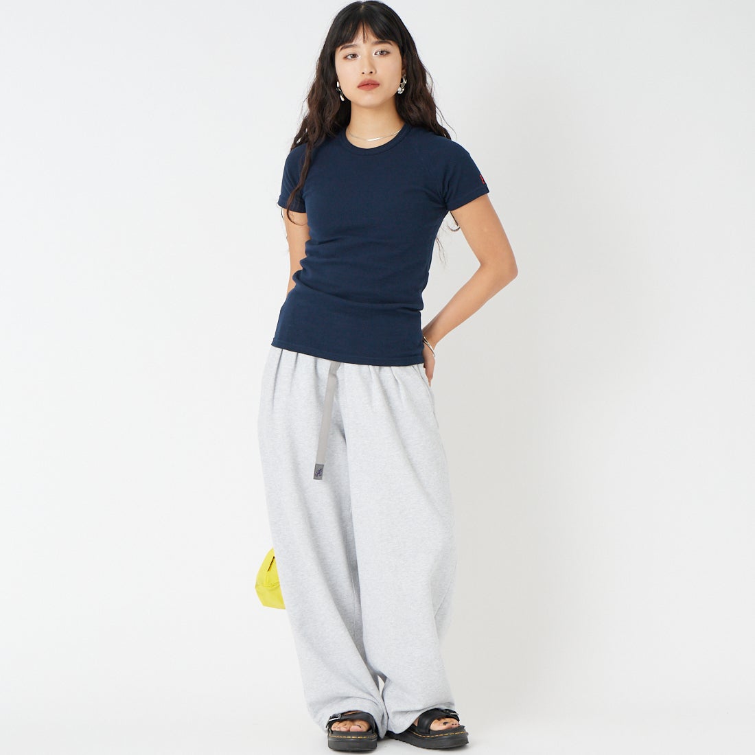 HOLLYWOOD RANCH MARKET [ハリウッドランチマーケット] ストレッチフライス ショートスリーブTシャツ [1004675] DARK NAVY &&モデル身長：162cm 着用サイズ：S&&