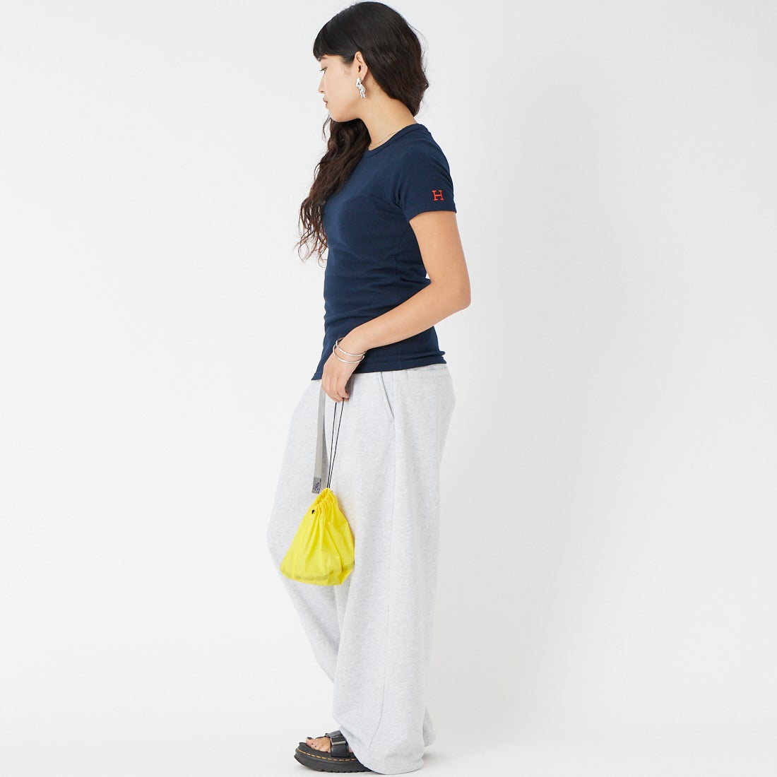 HOLLYWOOD RANCH MARKET [ハリウッドランチマーケット] ストレッチフライス ショートスリーブTシャツ [1004675] DARK NAVY &&モデル身長：162cm 着用サイズ：S&&