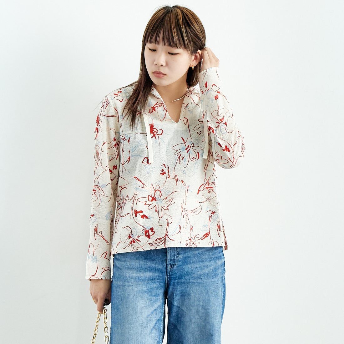 MEYAME [メヤメ] コットンプリントブラウス [MEY-2017] WHITE &&モデル身長：167cm 着用サイズ：F&&