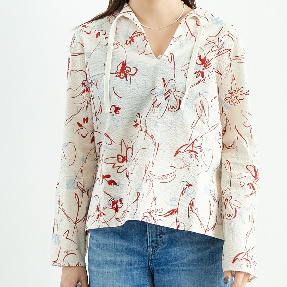 MEYAME [メヤメ] コットンプリントブラウス [MEY-2017] WHITE &&モデル身長：167cm 着用サイズ：F&&