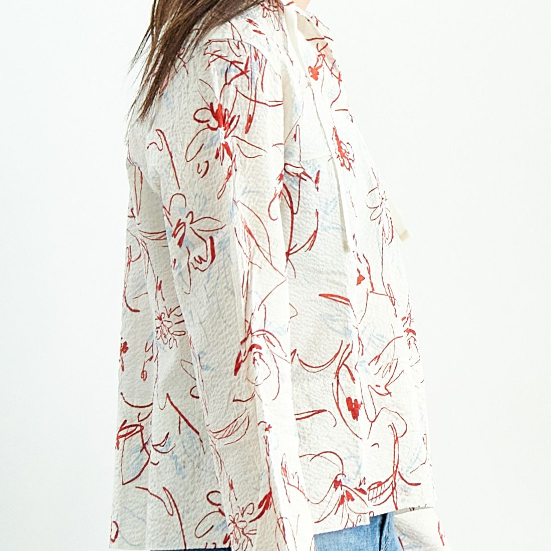 MEYAME [メヤメ] コットンプリントブラウス [MEY-2017] WHITE &&モデル身長：167cm 着用サイズ：F&&