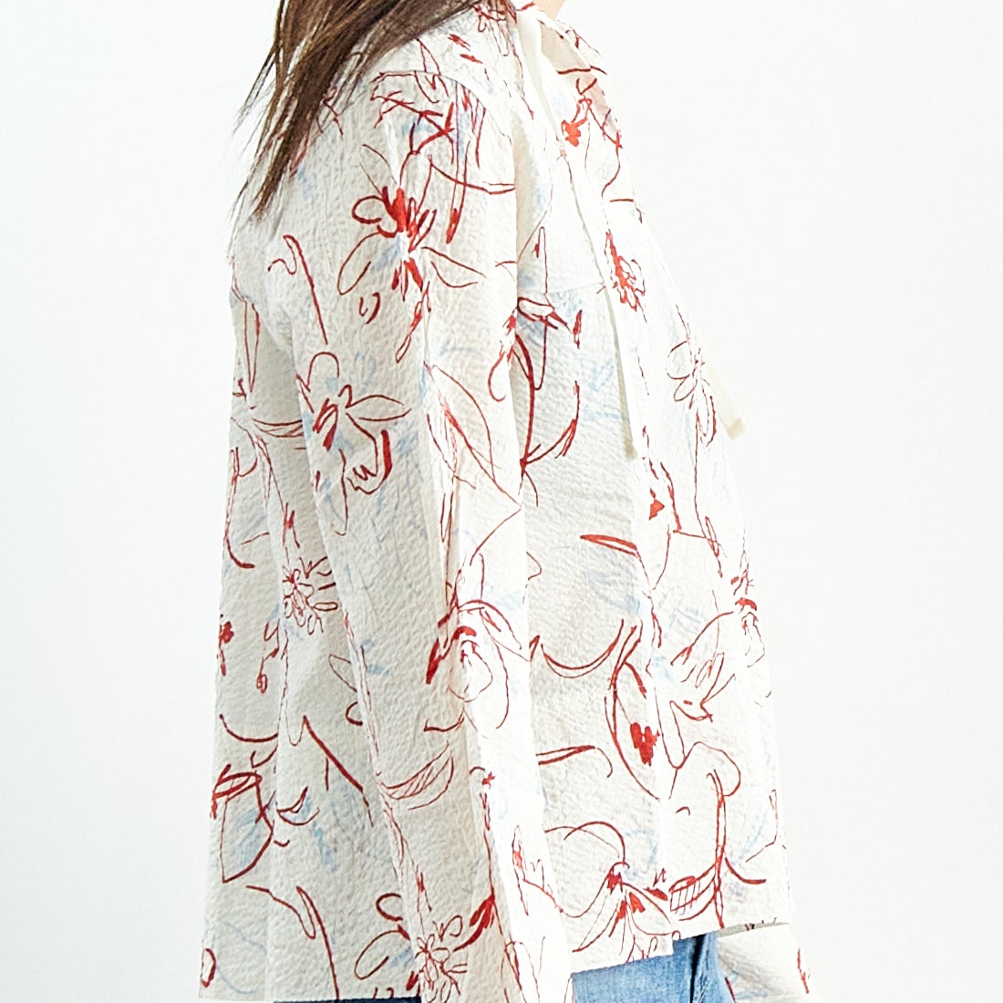 MEYAME [メヤメ] コットンプリントブラウス [MEY-2017] WHITE &&モデル身長：167cm 着用サイズ：F&&