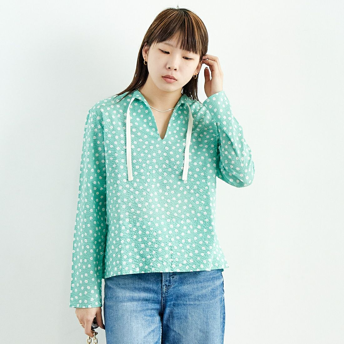 MEYAME [メヤメ] コットンプリントブラウス [MEY-2017] GREEN &&モデル身長：167cm 着用サイズ：F&&