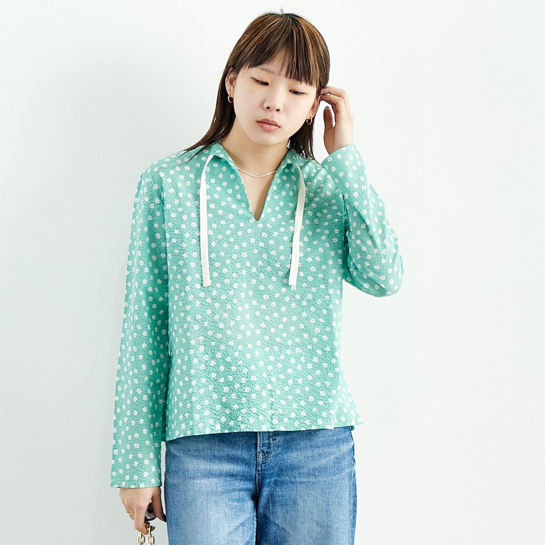 MEYAME [メヤメ] コットンプリントブラウス [MEY-2017] GREEN &&モデル身長：167cm 着用サイズ：F&&