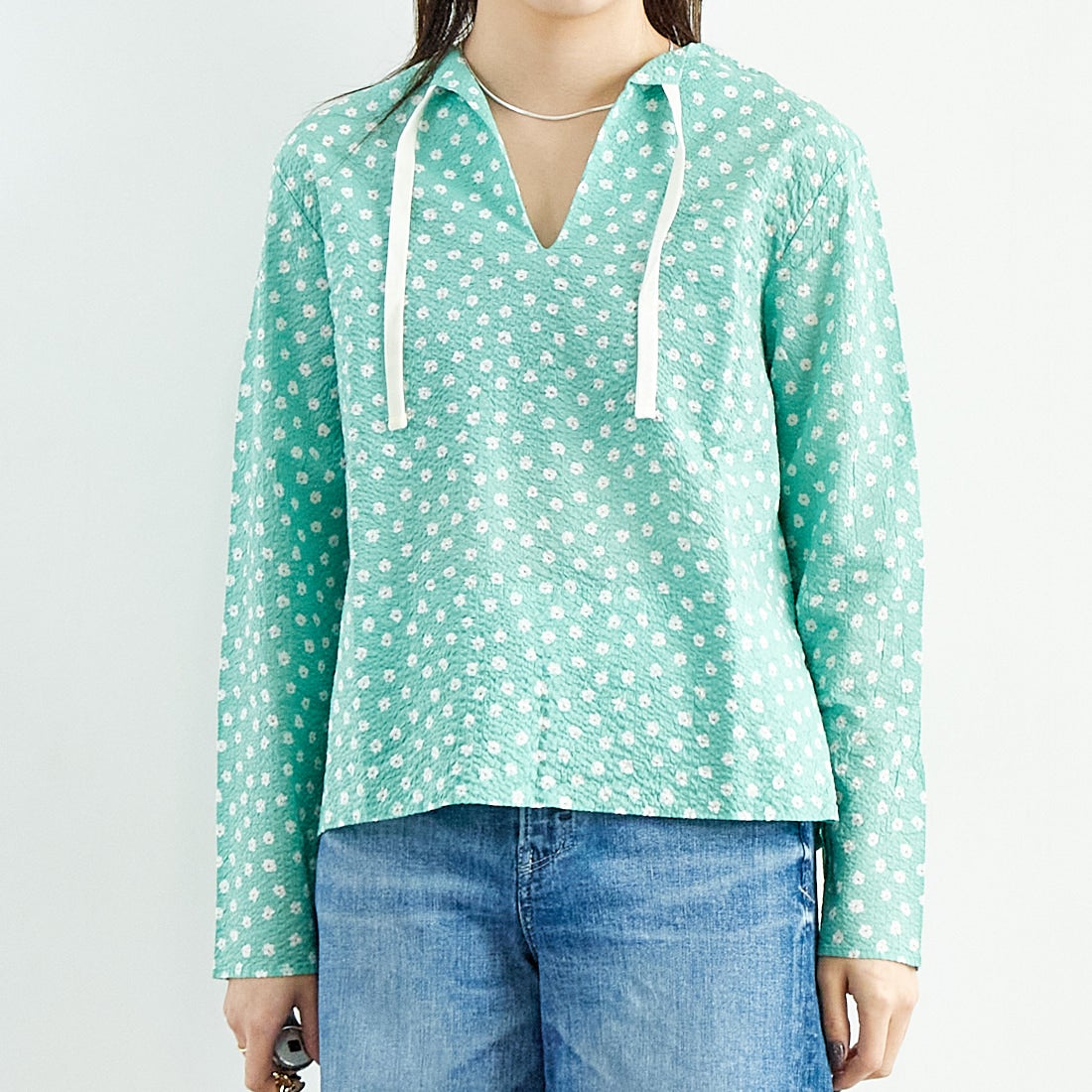 MEYAME [メヤメ] コットンプリントブラウス [MEY-2017] GREEN &&モデル身長：167cm 着用サイズ：F&&