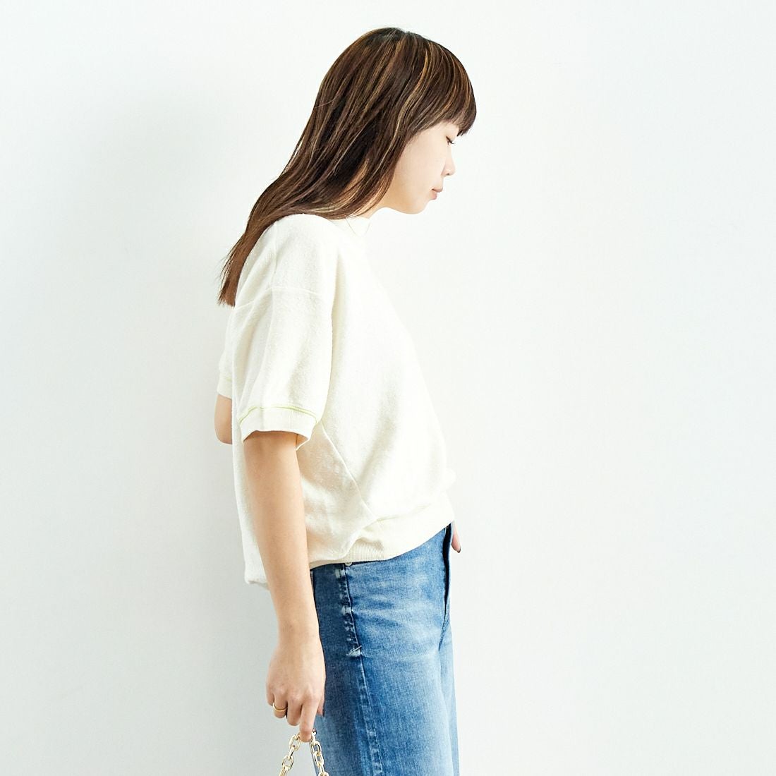 UNFIL [アンフィル] コットンリネンパイルジャージー ニットスウェットシャツ [WVSP-UW127] IVORY &&モデル身長：167cm 着用サイズ：1&&