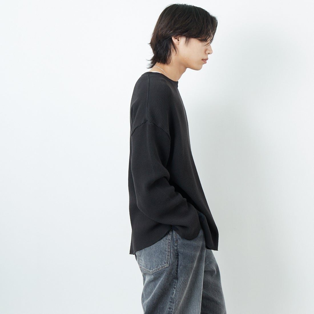 Name. [ネーム] ワッフルテープド ルーズスリーブTシャツ [NMCU-028] NATURAL &&モデル身長：179cm 着用サイズ：1&&