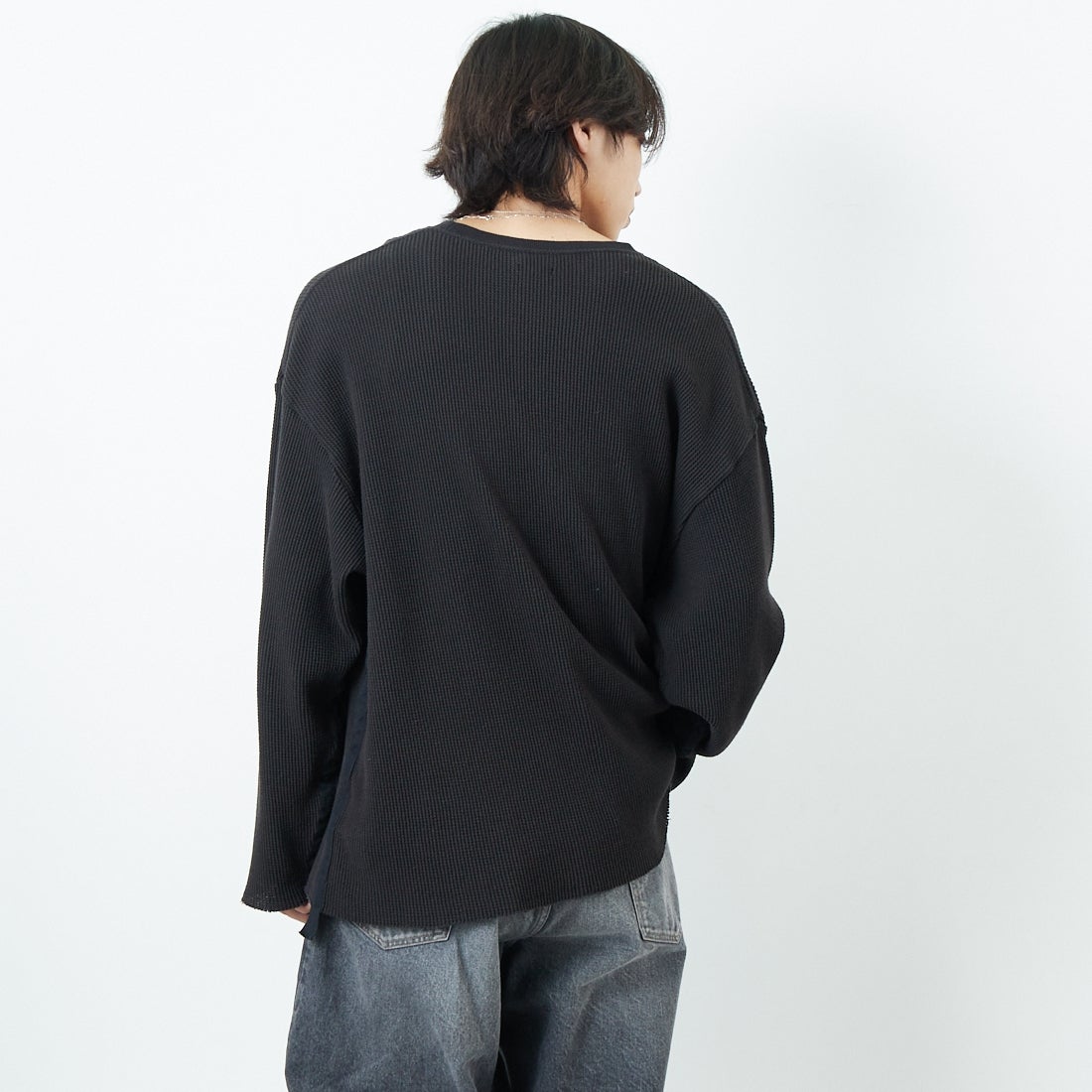 Name. [ネーム] ワッフルテープド ルーズスリーブTシャツ [NMCU-028] NATURAL &&モデル身長：179cm 着用サイズ：1&&