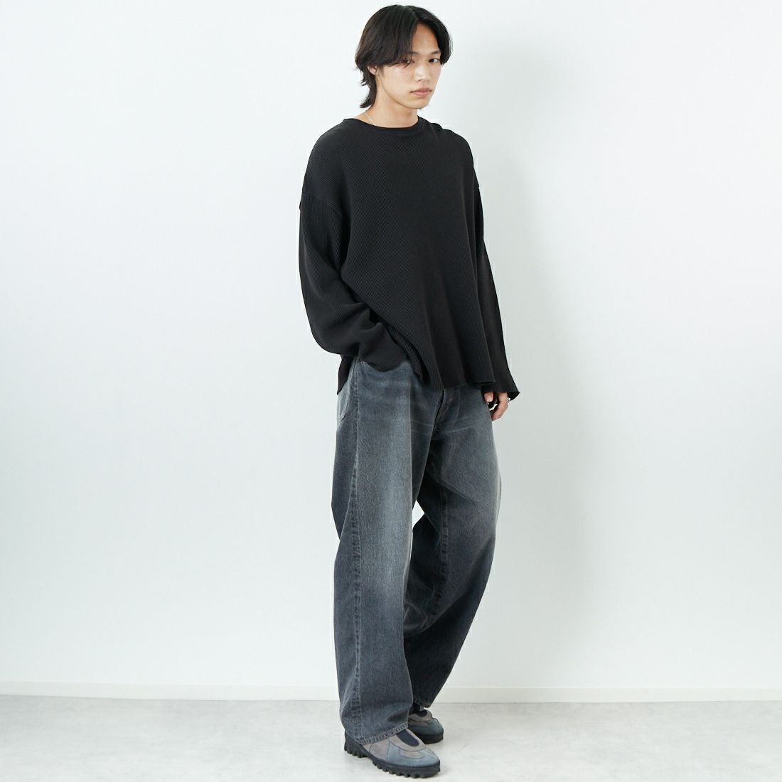 Name. [ネーム] ワッフルテープド ルーズスリーブTシャツ [NMCU-028] NATURAL &&モデル身長：179cm 着用サイズ：1&&