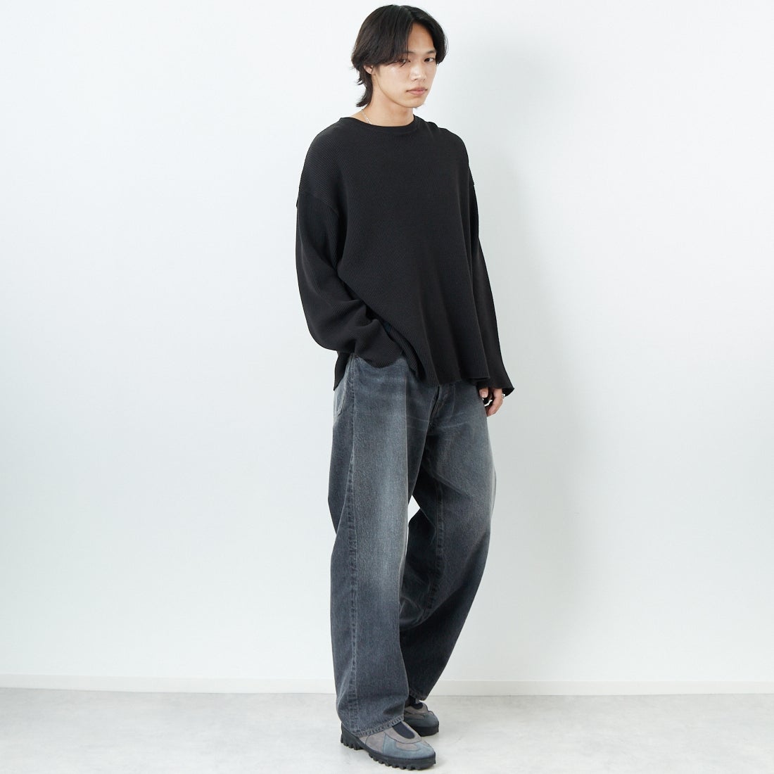 Name. [ネーム] ワッフルテープド ルーズスリーブTシャツ [NMCU-028] NATURAL &&モデル身長：179cm 着用サイズ：1&&