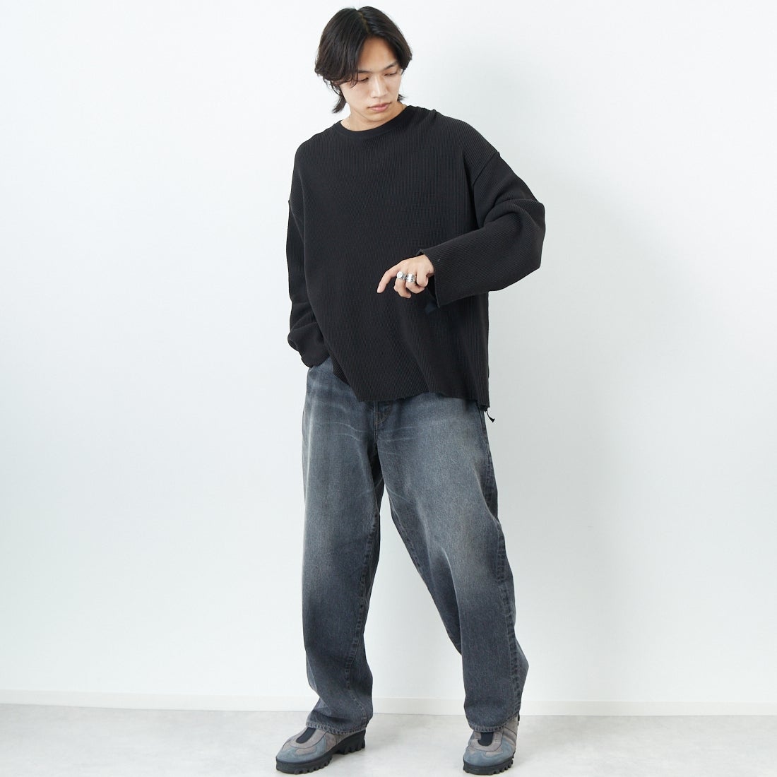 Name. [ネーム] ワッフルテープド ルーズスリーブTシャツ [NMCU-028] NATURAL &&モデル身長：179cm 着用サイズ：1&&