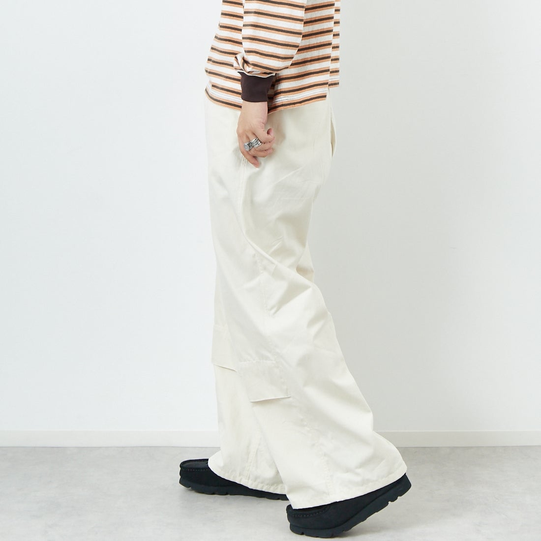 Name. [ネーム] ギザコットンギャバジン ベンチレーションレイヤードパンツ [NMPT-030] IVORY &&モデル身長：179cm 着用サイズ：1&&