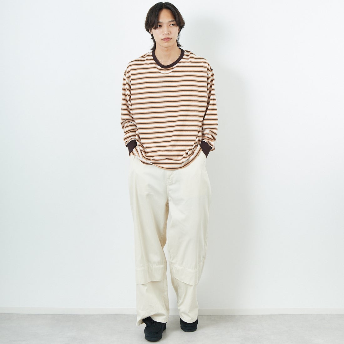 Name. [ネーム] ギザコットンギャバジン ベンチレーションレイヤードパンツ [NMPT-030] IVORY &&モデル身長：179cm 着用サイズ：1&&