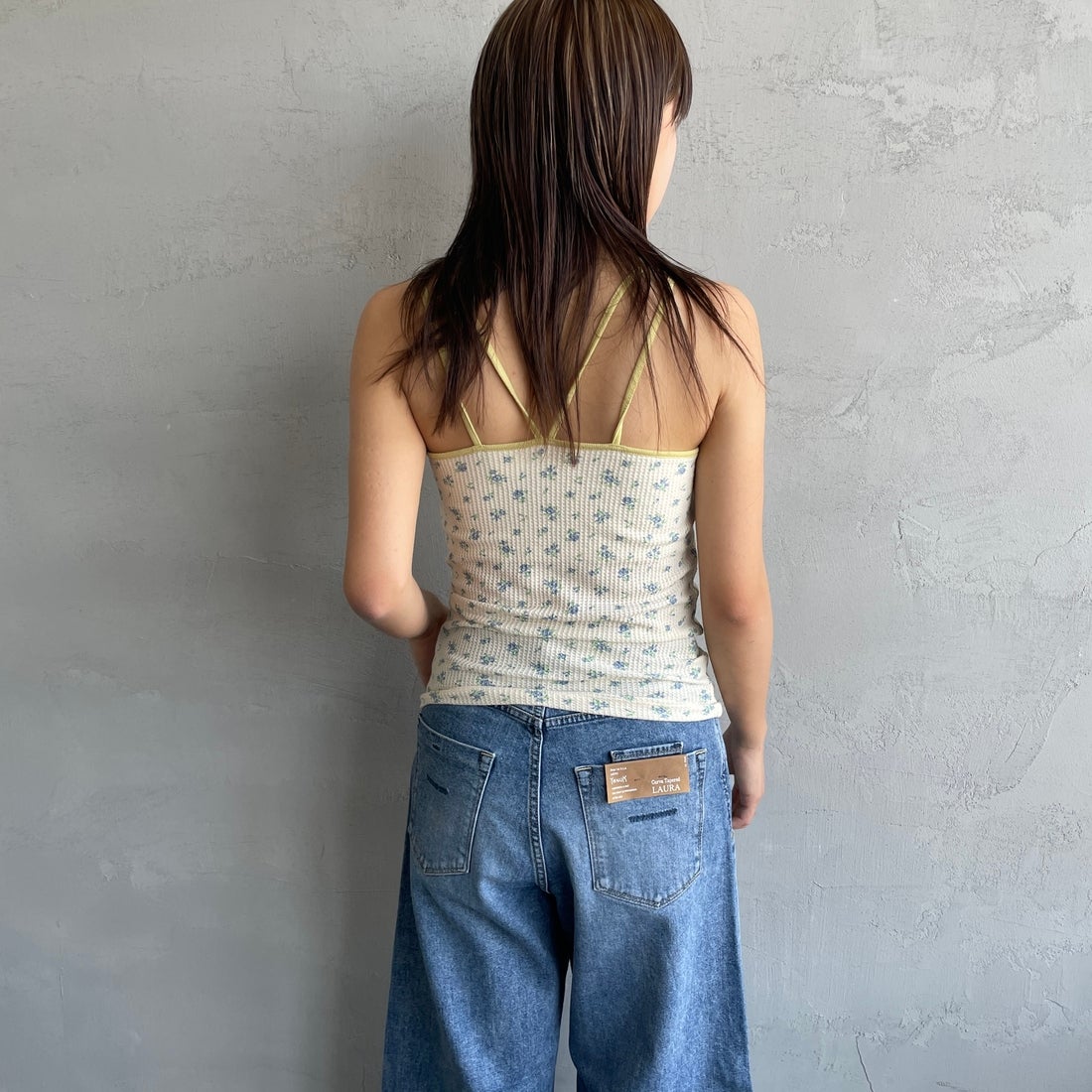 JE MORGAN [ジェイイーモーガン] 別注 TCワッフルカップ付きキャミソール [JF786-29S-JF] NAT/BLUE &&モデル身長：167cm 着用サイズ：F&&