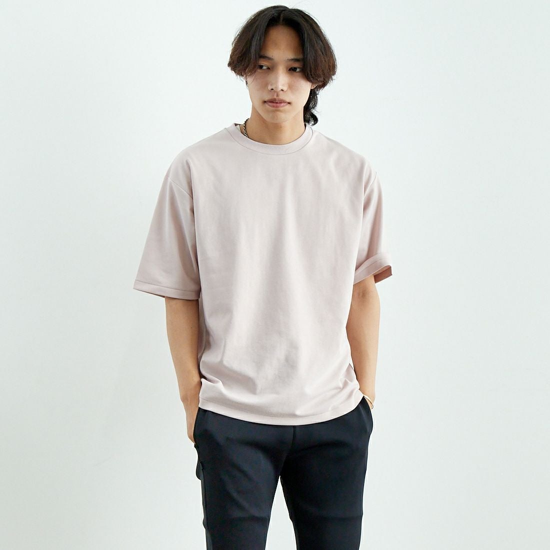 Jeans Factory Clothes [ジーンズファクトリークローズ] ポンチローマ ハーフスリーブTシャツ [JFC-252-016] D.PINK &&モデル身長：179cm 着用サイズ：L&&