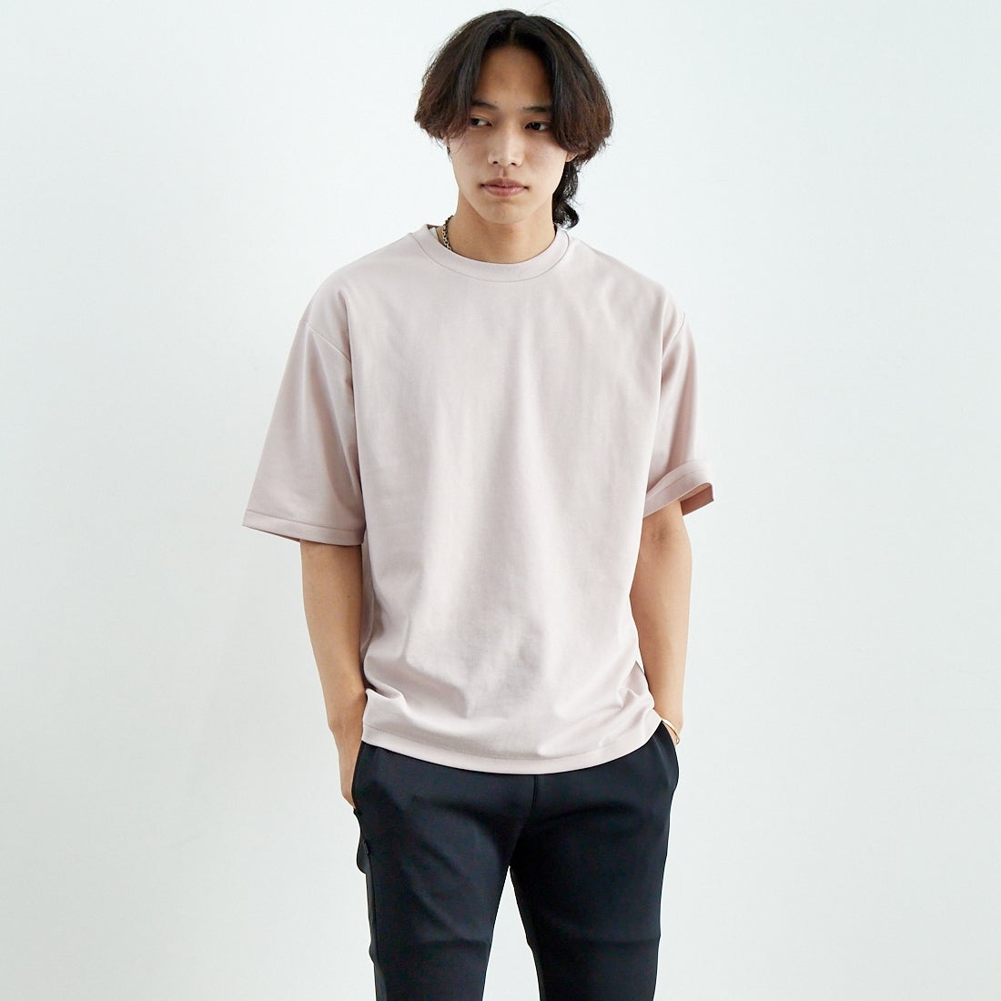 Jeans Factory Clothes [ジーンズファクトリークローズ] ポンチローマ ハーフスリーブTシャツ [JFC-252-016] D.PINK &&モデル身長：179cm 着用サイズ：L&&