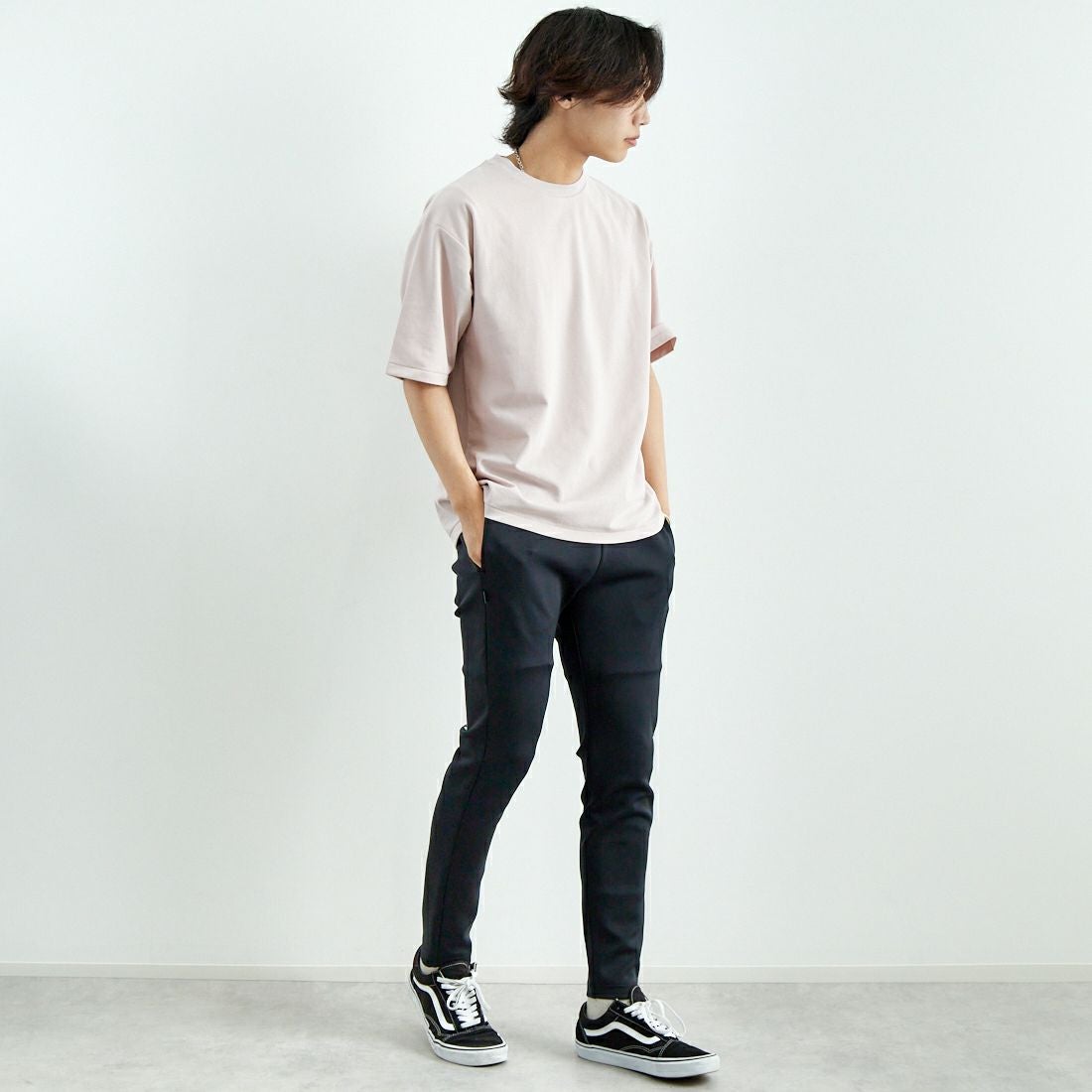 Jeans Factory Clothes [ジーンズファクトリークローズ] ポンチローマ ハーフスリーブTシャツ [JFC-252-016] D.PINK &&モデル身長：179cm 着用サイズ：L&&