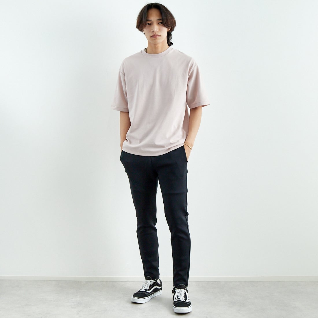 Jeans Factory Clothes [ジーンズファクトリークローズ] ポンチローマ ハーフスリーブTシャツ [JFC-252-016] D.PINK &&モデル身長：179cm 着用サイズ：L&&