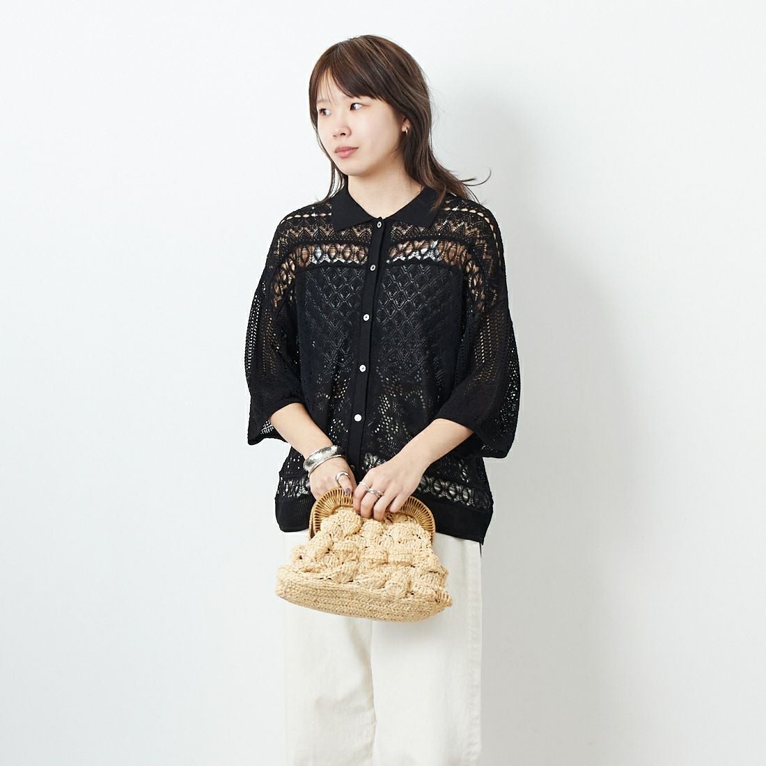 CLOCHE [クロシェ] レース編みニットシャツカーデ [51285553] ﾌﾞﾗｯｸ &&モデル身長：167cm 着用サイズ：2&&