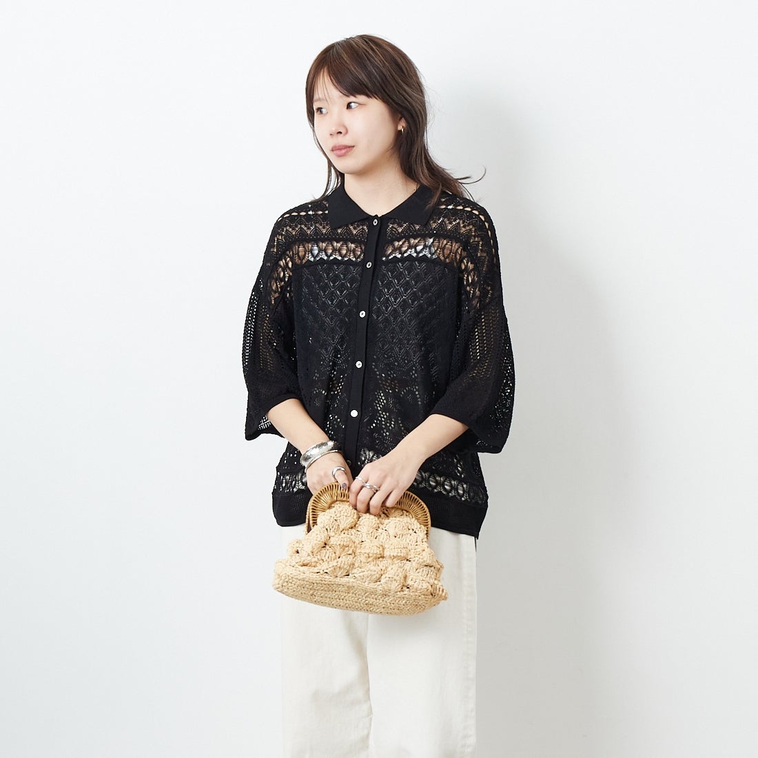 CLOCHE [クロシェ] レース編みニットシャツカーデ [51285553] ﾌﾞﾗｯｸ &&モデル身長：167cm 着用サイズ：2&&