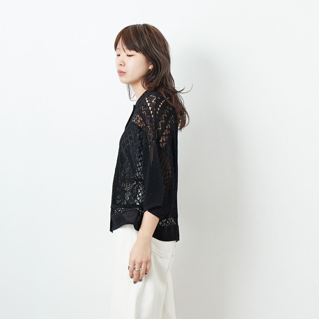 CLOCHE [クロシェ] レース編みニットシャツカーデ [51285553] ﾌﾞﾗｯｸ &&モデル身長：167cm 着用サイズ：2&&